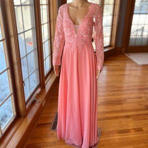 New JJs House Coral Pink Peach Chiffon Lace Sheer Back Formal Gown Dress Size 12